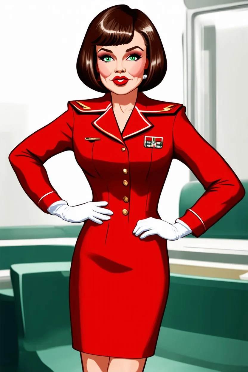 realistic cartoon style full body image of very feminine, dark brown haired 50 year old stewardess in red dress uniform with short bob cut and strong, seductive makeup, smoky green eyes, highly shiny white plastic gloves, big thick pouty bright red lips, who looks a lot like Marilyn Monroe as brunette