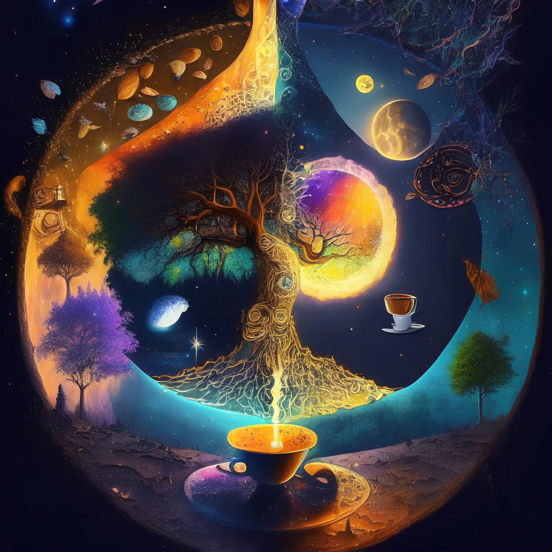 Cafe and psychedelic space. moon, sun, star, milky way, wind, soil, fire, water, waterfall, cup of coffee, light, superior sense, seven chakras, space of broken mirror, tree of life and man of light and love