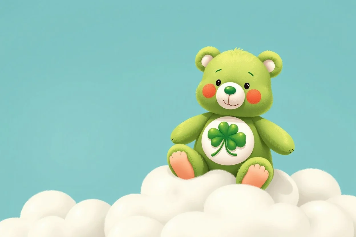 overstuffed white plushie stuffed toy clouds, a vintage good-luck-bear(care bear, Green) with tummy symbol(4 leaf clover) sitting on top of the cloud, blue background, illustration