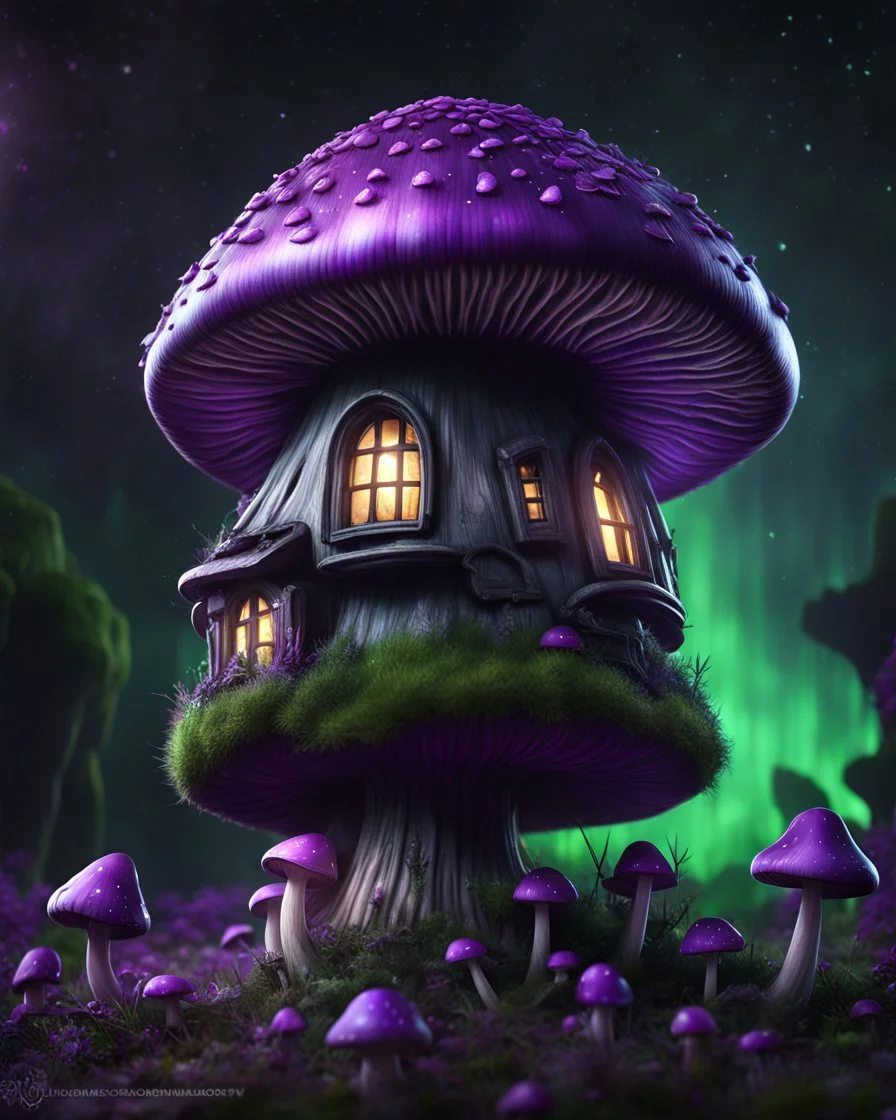 A solitary floating mushroom house on a clear night. silver and green and purple, Dark cosmic interstellar. Detailed Matte Painting, deep color, fantastical, intricate detail, splash screen, hyperdetailed, insane depth, concept art, 8k resolution, trending on Artstation, Unreal Engine 5, color depth, backlit, splash art, dramatic, High Quality Whimsical Fun Imaginative Bubbly, perfect composition