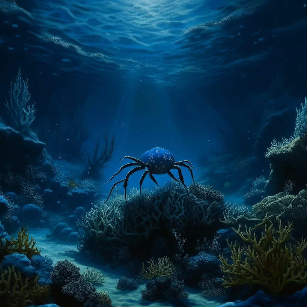 A dark blue underwater coral reef with crabs designed in Moroccan rug art painted by Ivan Aivazovsky