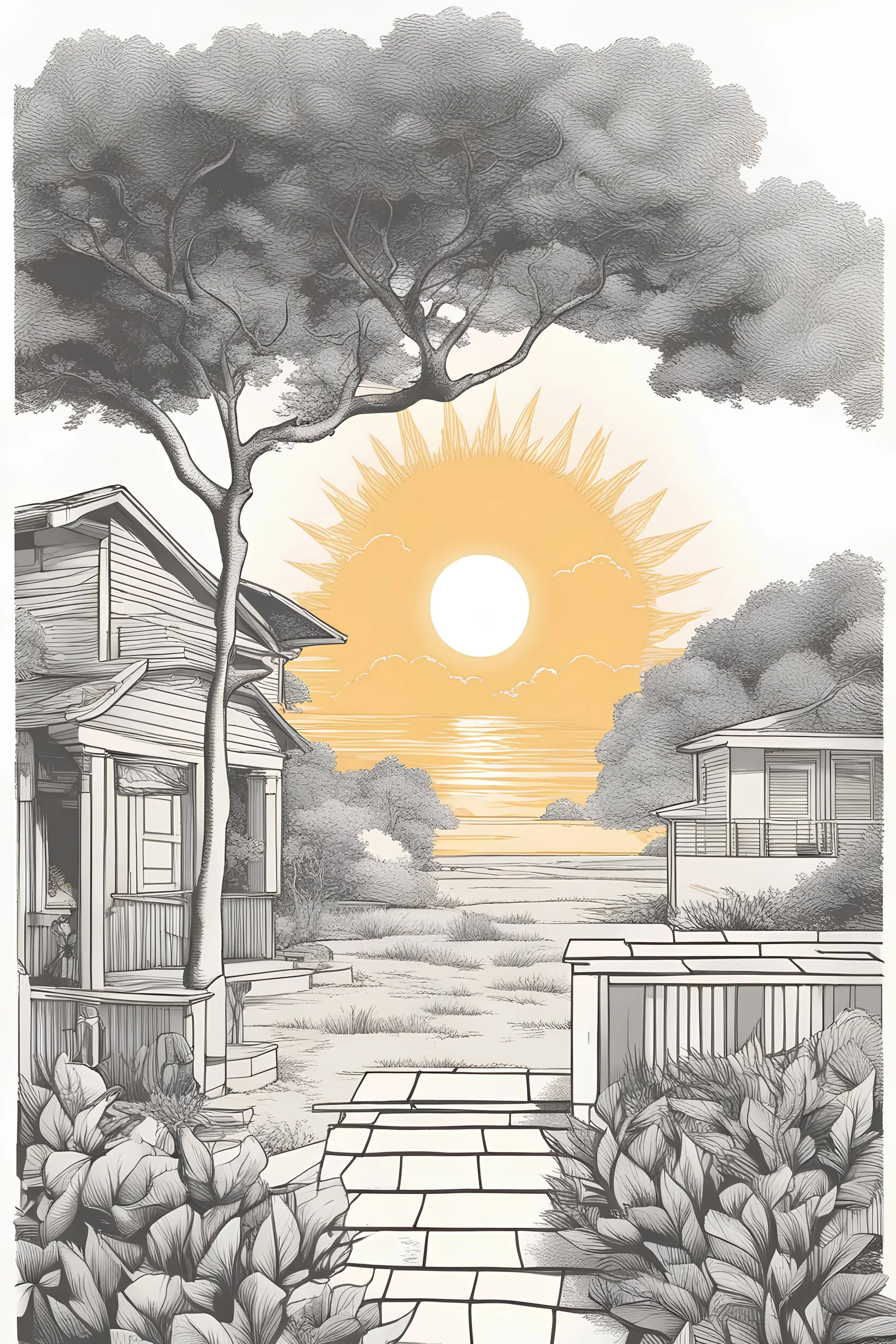 outline art for summer , line art ,sun,tree,men,house