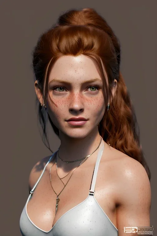 concept illustration, ultra-realistic, super-detailed, strikingly beautiful teen female, 16 years old, long ginger hair, medium freckles, full lips, full body, full face, b-cup breasts, athletic, centred camera, ignore NSFW, skimpy brown fantasy leather armor, halter top, thong, knee-high leather boots, stern expression