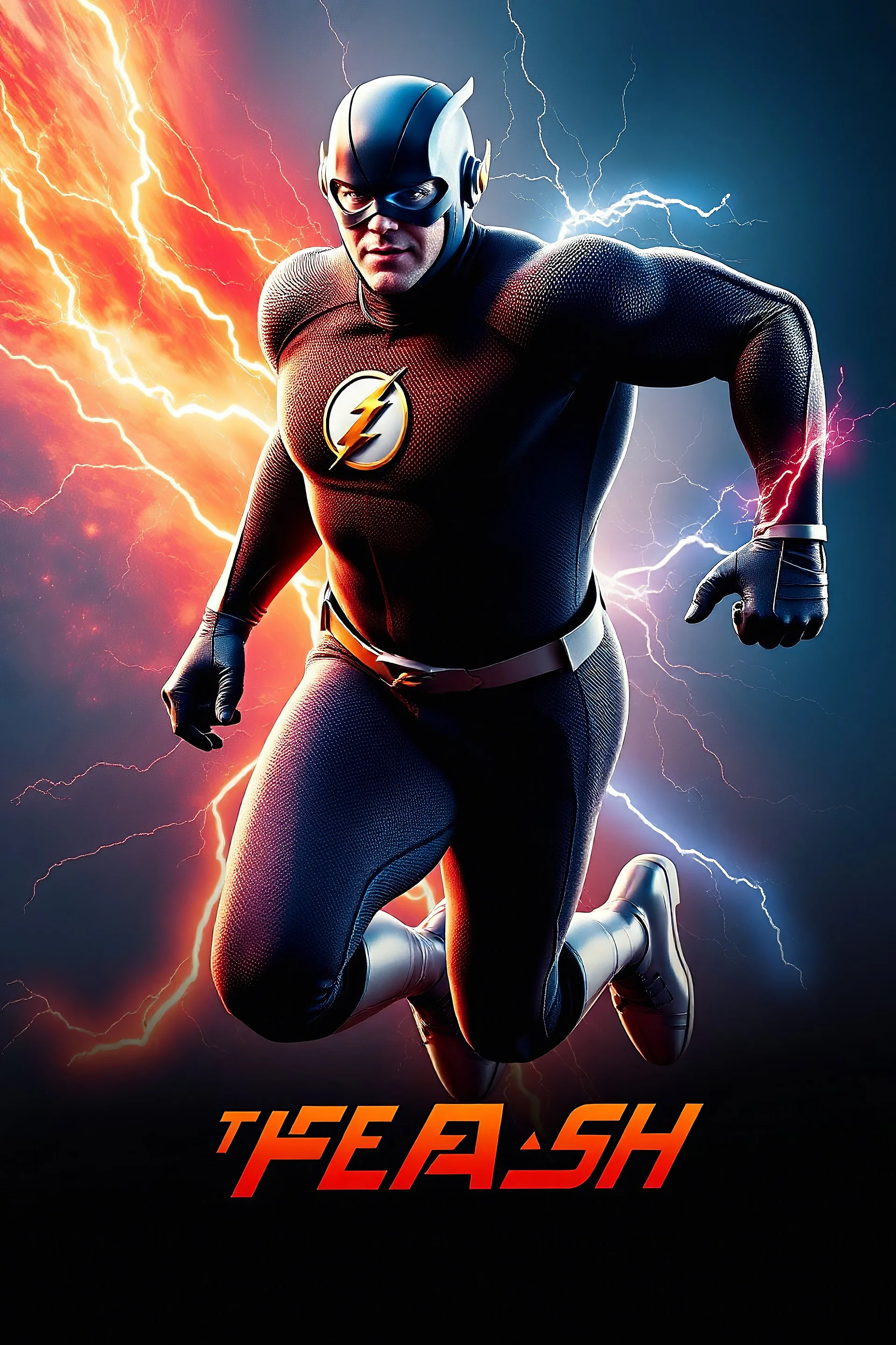 1/4 side view, looking at the viewer, Movie Poster - "THE FLASH" - A massive, thick, extremely muscular, 7'8" tall man, ((skintight, formfitting, textured, long-sleeved, Blue spandex bodysuit:1.5)), ((Silver knee-high boots:1.5)), ((Silver wrist gauntlets, blue fingerless gloves, silver, double holstered utility belt:1.5)), ((skintight, formfitting, blue spandex helmet with blue eye disguise,:1.5)), Running, multicolored lightning emanating from his body, an overly exaggerated muscular stature