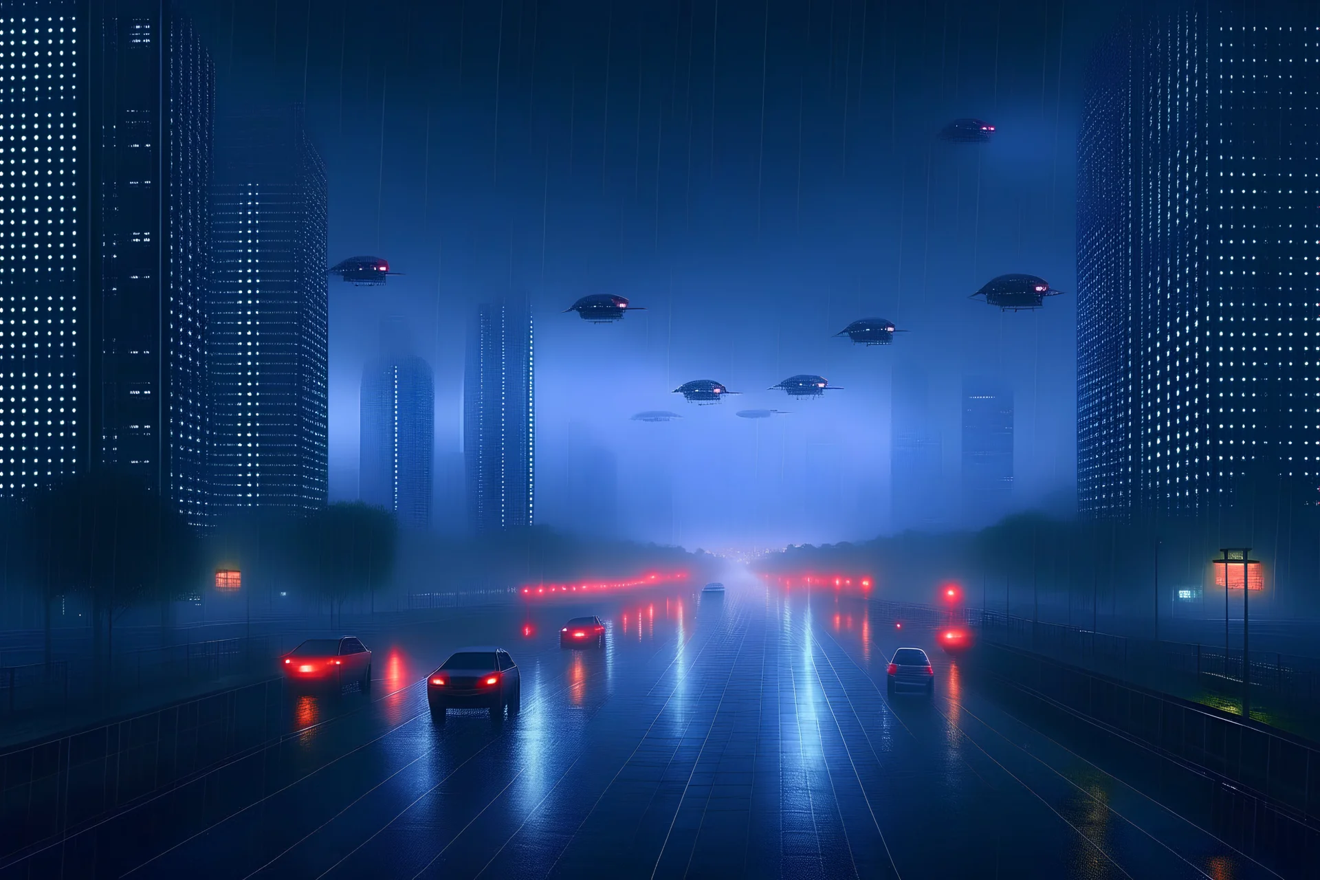 A city that's at night and it's raining and it's foggy and it's flying cars and it's in the future.