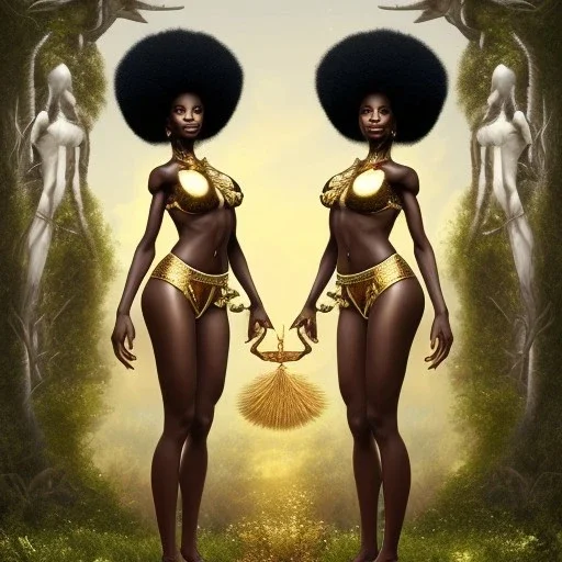 Biologically Female sexy African American Twins, black skin, tall and slender, long afro kinky hair,big brown eyes, long eyelashes warrior wear. Big butts. Gold accents on clothing. Surround by trees. Holding golden spears. Starry night