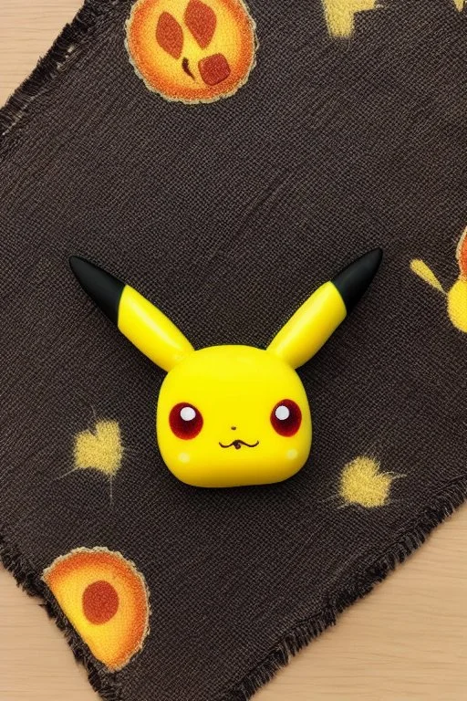 cute and nice faced marzipan Pikachu on a lace blanket on a kitchen table