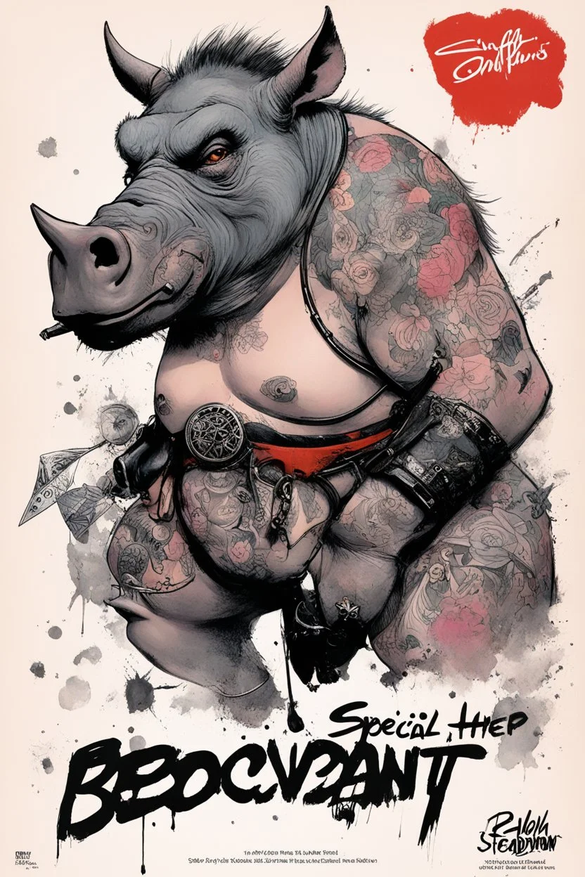 SNIFFIN’ GLUE magazine high res photo cover by Ralph Steadman: special agent provocateur for her with tattoos issue; guest star : Bebop and Rocksteady