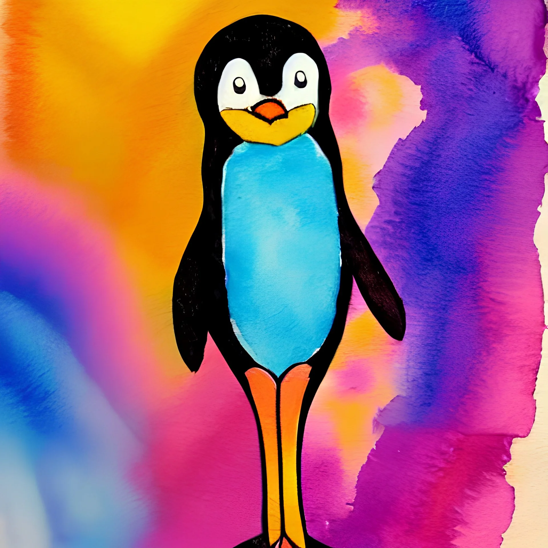 Penguin dancing ballet wearing a tutu, colorful, modern art, sunset, Picasso, painting, romantic, watercolor