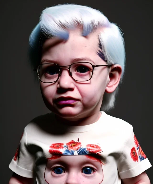 Pedro almodovar toddler, full body, white hair, floral shirt, dramatic lighting, hyper realistic