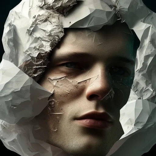 rendered in blender trash bag on his head and crumpled paper as a texture, collage paper and tape, slit - scan photography, high resolution, cinematic, unreal 6, breathtaking detailed