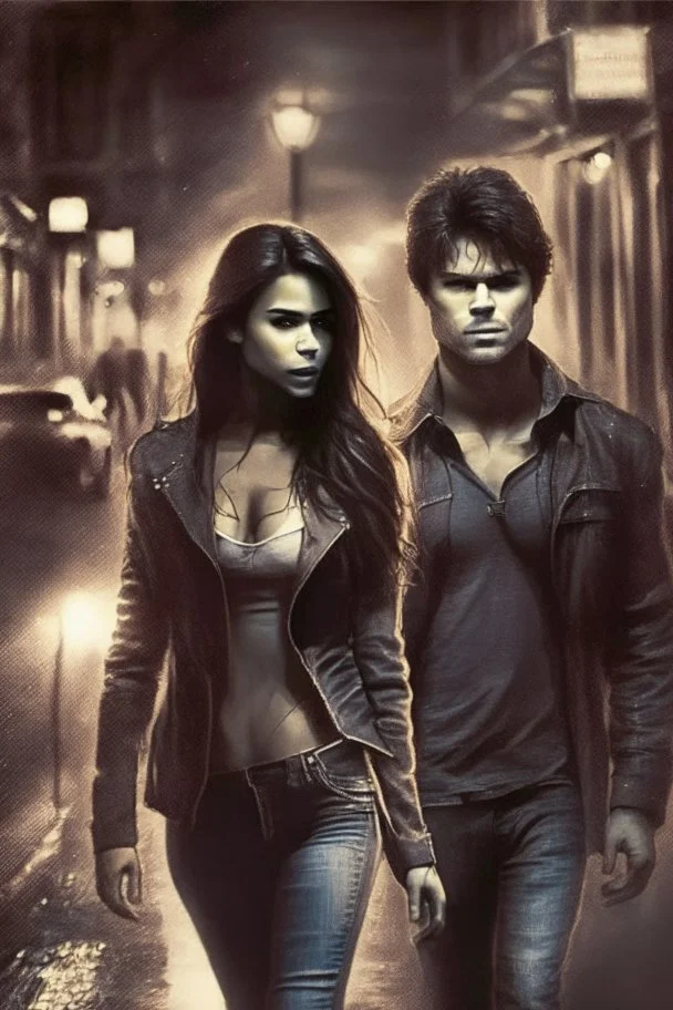 street night men love girl, couple, protective, Damon and Elena