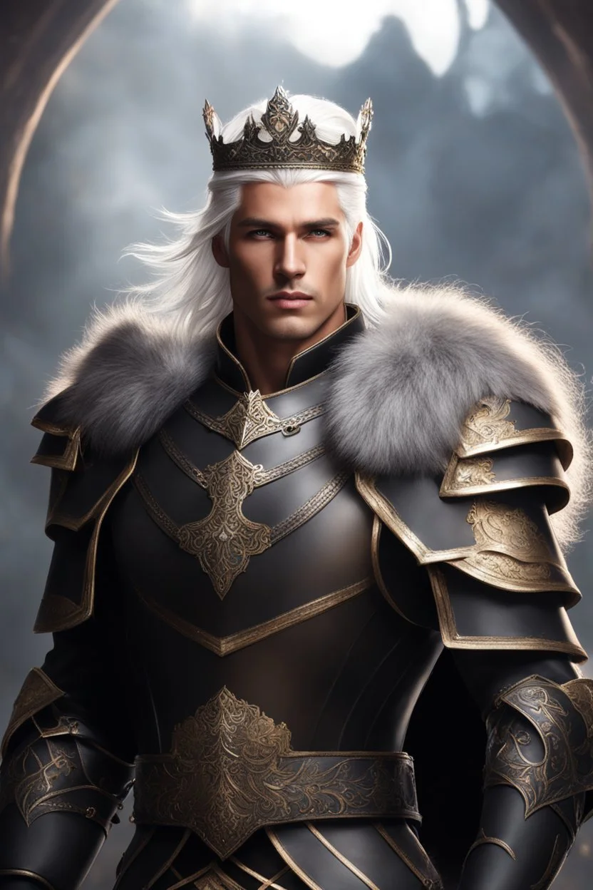 Male Tan Human, White Hair, Handsome Face, Wearing A Magical Crown, Black Heavy Armour, Dark colours theme, Dark Background