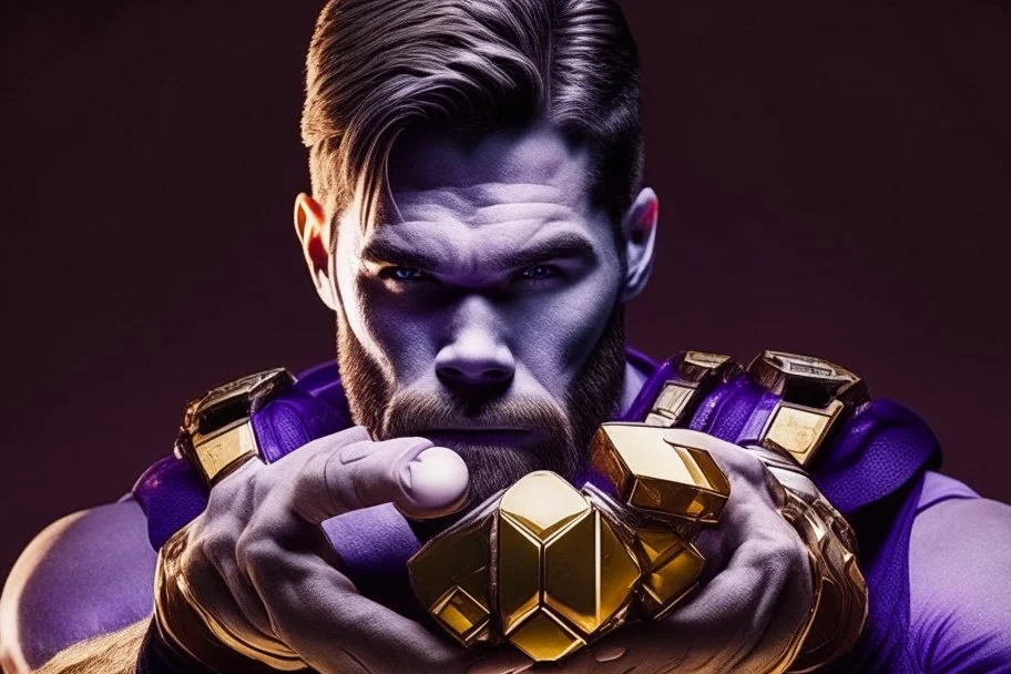 A sporty looking man with With a serious his face while holding Thanos' gantlet K's infinity gauntlet has six infinity stones