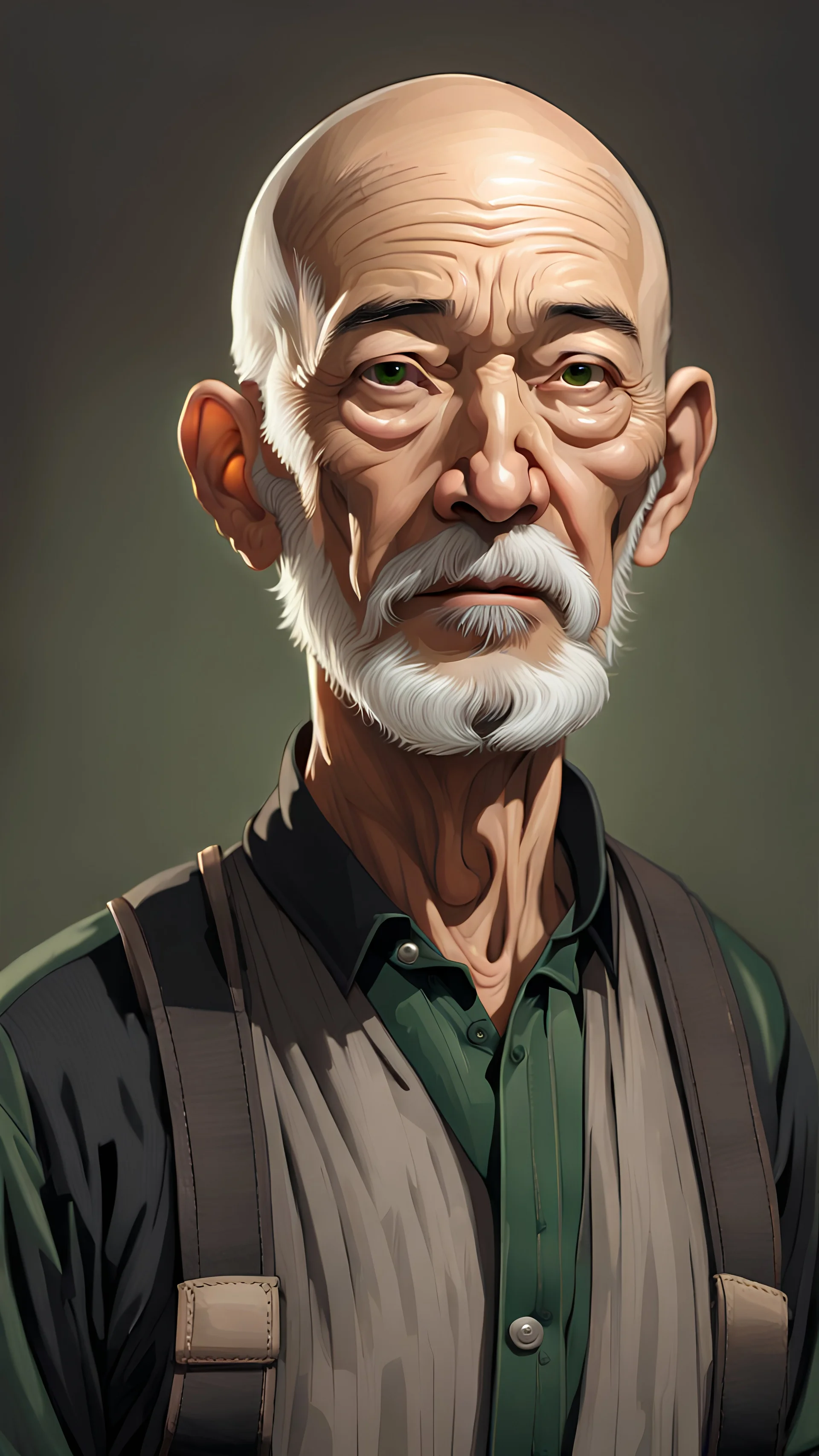 A sixty-year-old man, round and innocent face, short gray beard, small brown eyes with dark circles, completely bald, thoughtful expression, oriental features, dressed in a black shirt, beige pants with green suspenders and white sports shoes. Well-lit, high-definition hyper-realistic style.