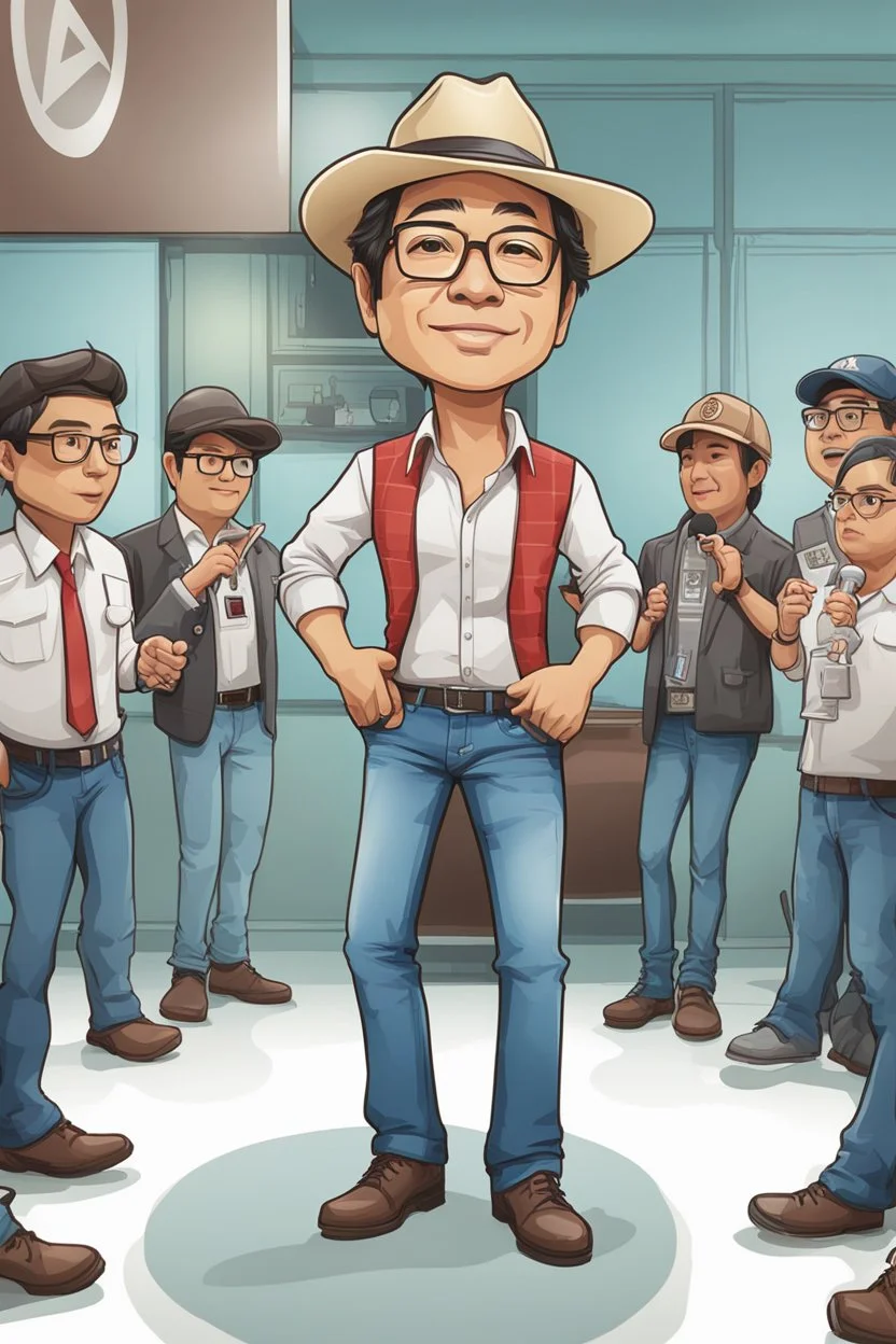 Drawing of Gustavo Petro with hat, jeans and shirt speaking in a speech full body chibi