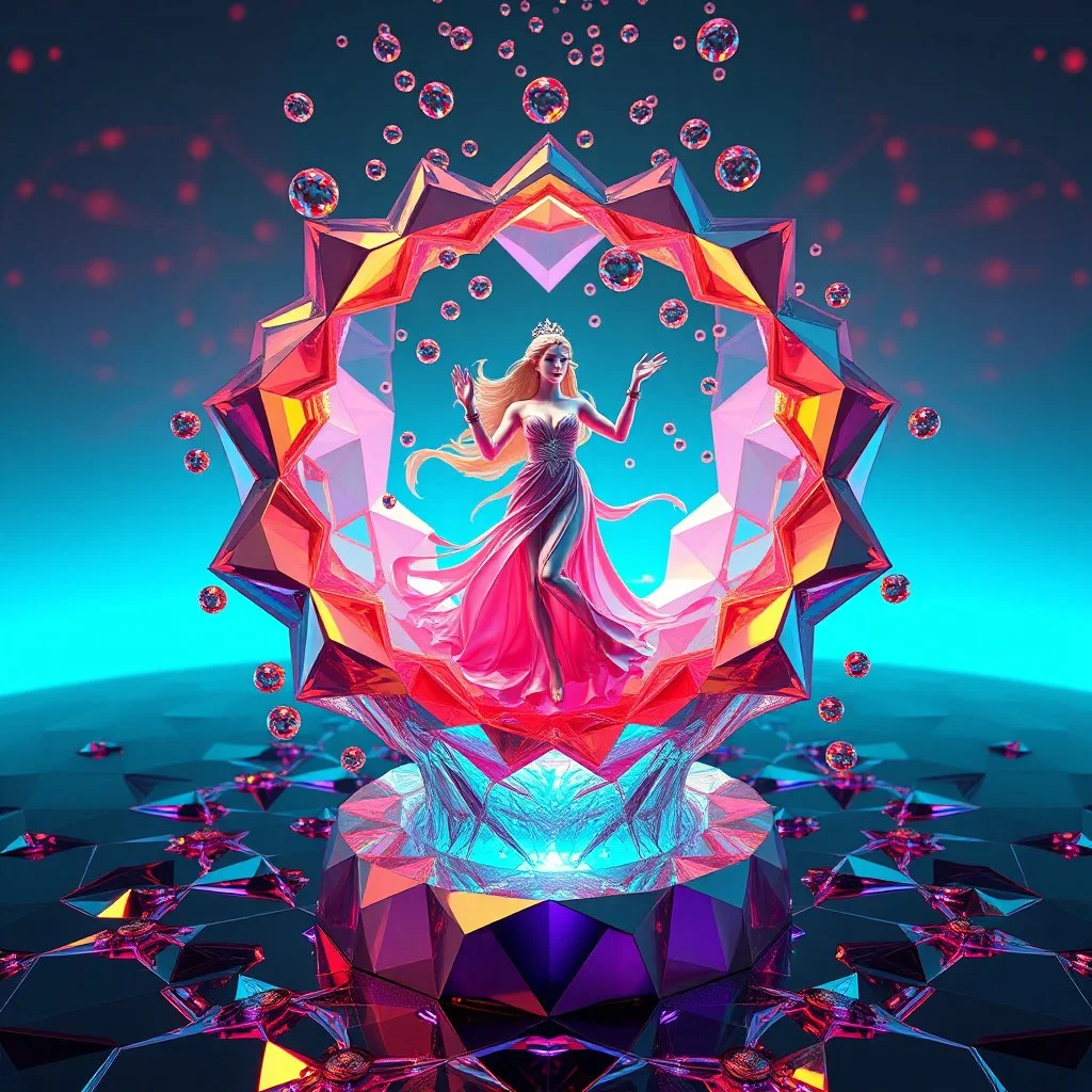 very complex CIFY structure ,pretty viberating color environment 3d metalic and crystal recursive evolving and animating beveled geometric base very complex CIFY structure emiting bubbles that broke, goddess of love in a pretty cleric dress comes out dancing gracefully , viberating color moving very in modern city escape environment while camera tracking it.write in down screen 3d animating"Made in Grok By:J.Babakan"