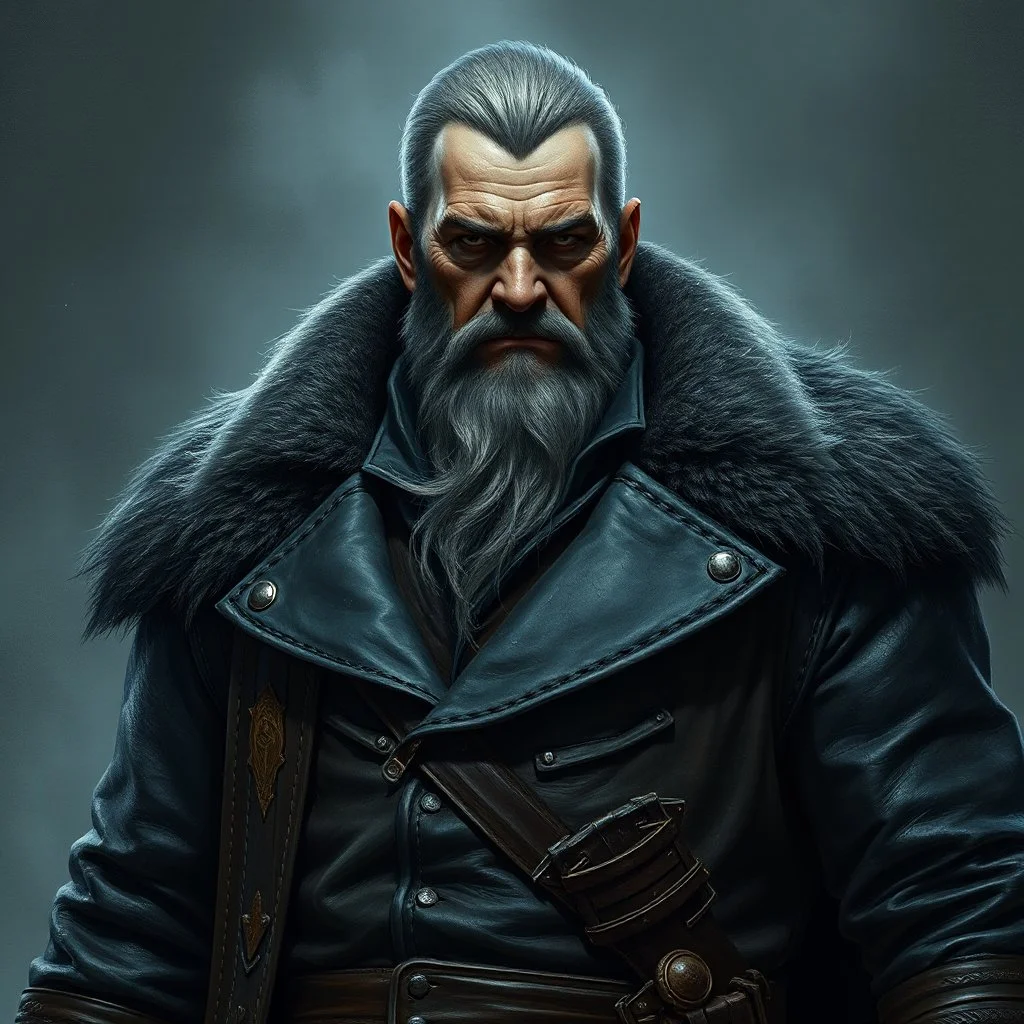 A large grey-skinned man with a heavy leather coat fantasy grimdark realistic