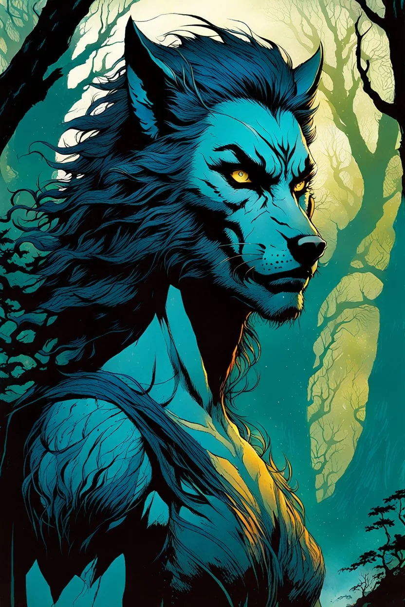 create a wildly conceptual closeup full body print illustration of a female Lycan huntress with highly detailed hair and feminine facial features, in an ethereal, otherworldly ,ancient Spring forest , in the comic book art style of Bill Sienkiewicz, Mike Mignola, Sparth, Maxfield Parrish, and Jean Giraud Moebius, finely textured, drawn, colored, and inked, suffused with dramatic natural light and shadow of sunset