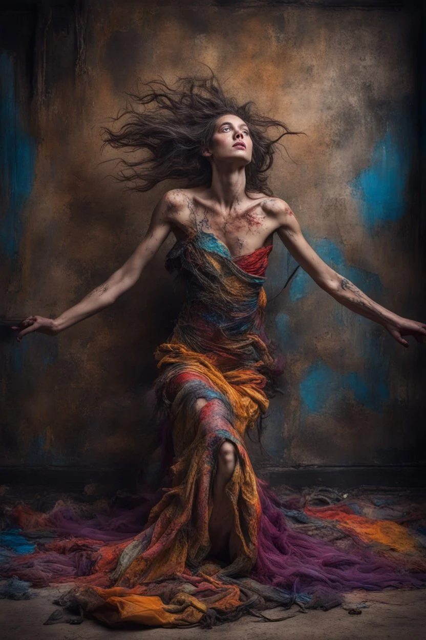 Bound and thrown to the floor, a woman exudes vulnerability in a fantastical setting. Her tattered gown clings to her bruised skin, hair tangled and wild. The scene is depicted in a stunning photo, showcasing intricate details and vivid colors. it captures the desperation and strength in her eyes, making the viewer feel the intensity of her situation. This masterful image blends beauty with turmoil, immersing the audience in a powerful narrative.