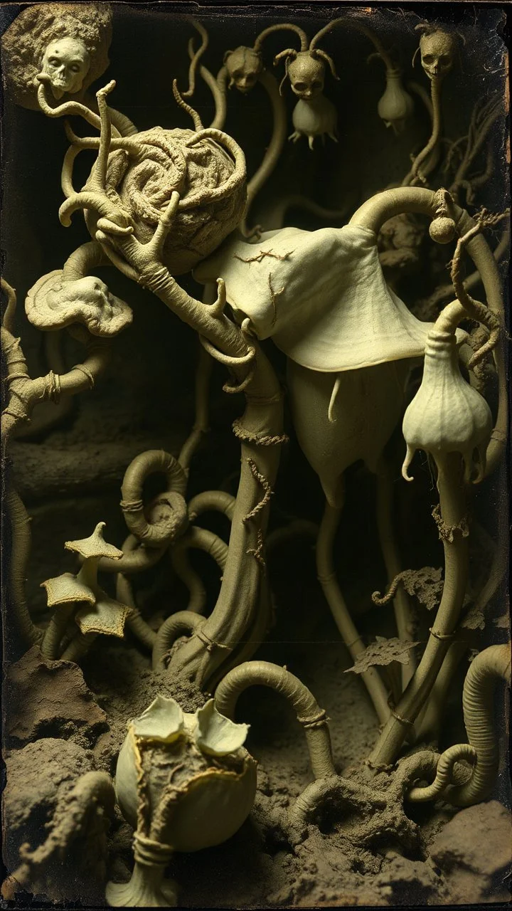 A daguerreotype-style close-up image of a surreal background inspired by Hieronymus Bosch and Max Ernst, featuring twisted organic forms, decaying botanical elements, and strange vegetal growths that seem to pulse with unnatural life. The entire scene is bathed in soft, ambient lighting that creates an otherworldly atmosphere, with areas of deep shadow contrasting against the pale, spectral glow of the figures.