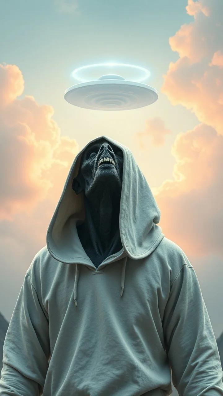 The creature from the the movie Prometheus with white hooded clothes looking up at ufo in the sky front view