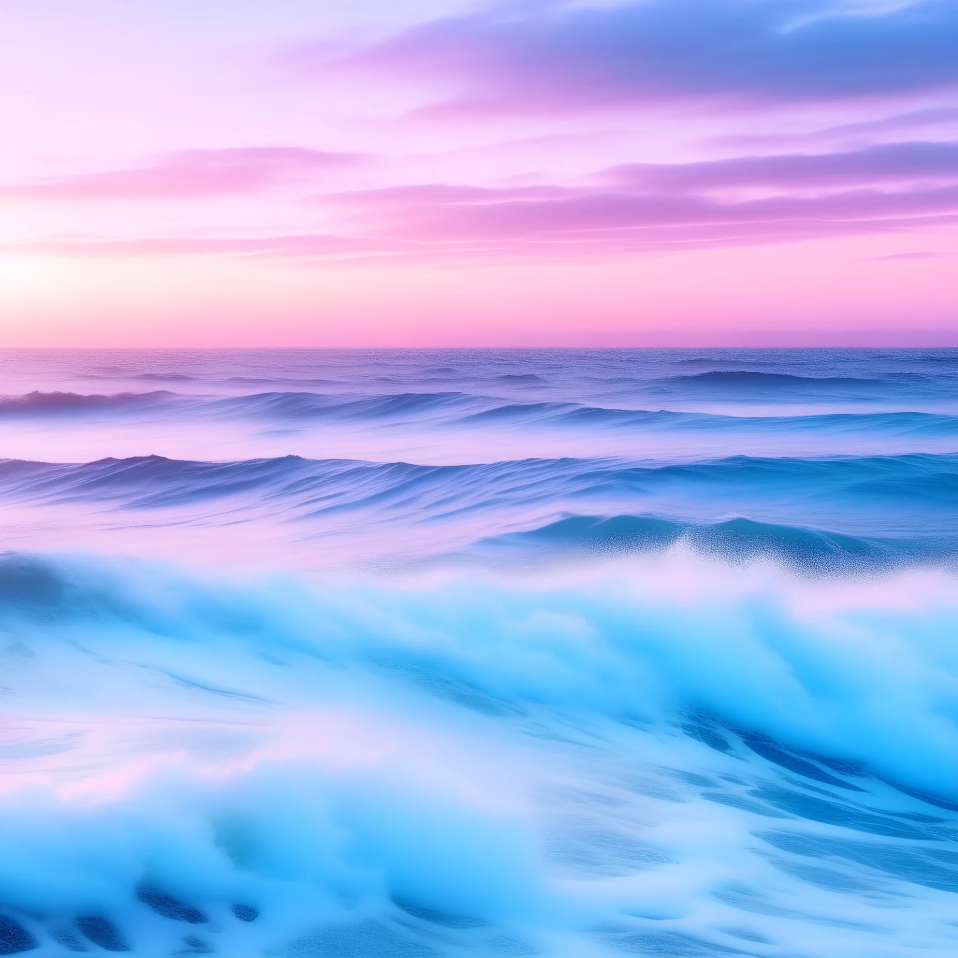 Sea, waves made of very soft clouds, pale pink, lit