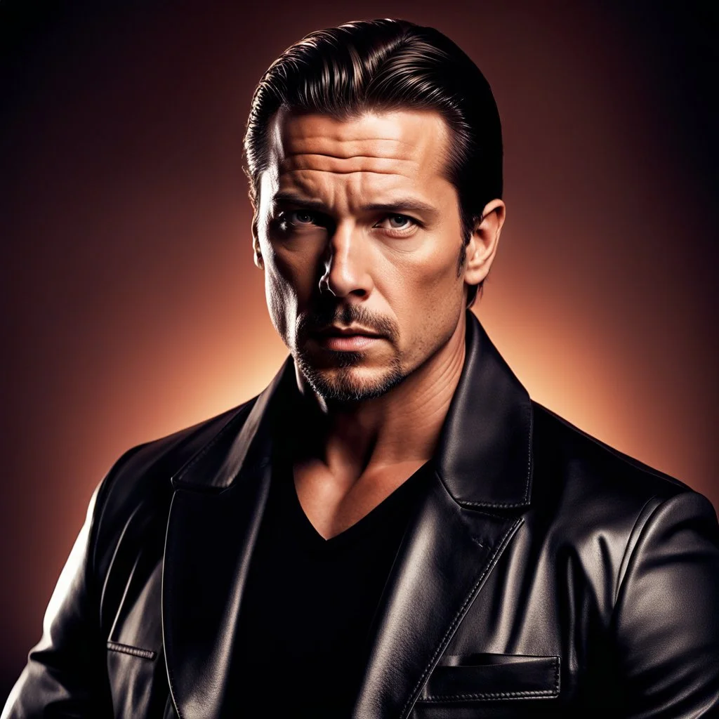 portrait of a 35 year old Handsome, smart gang boss with lightly tanned skin. medium length brown hair slicked back and a goatee beard. mean looking. photorealistic