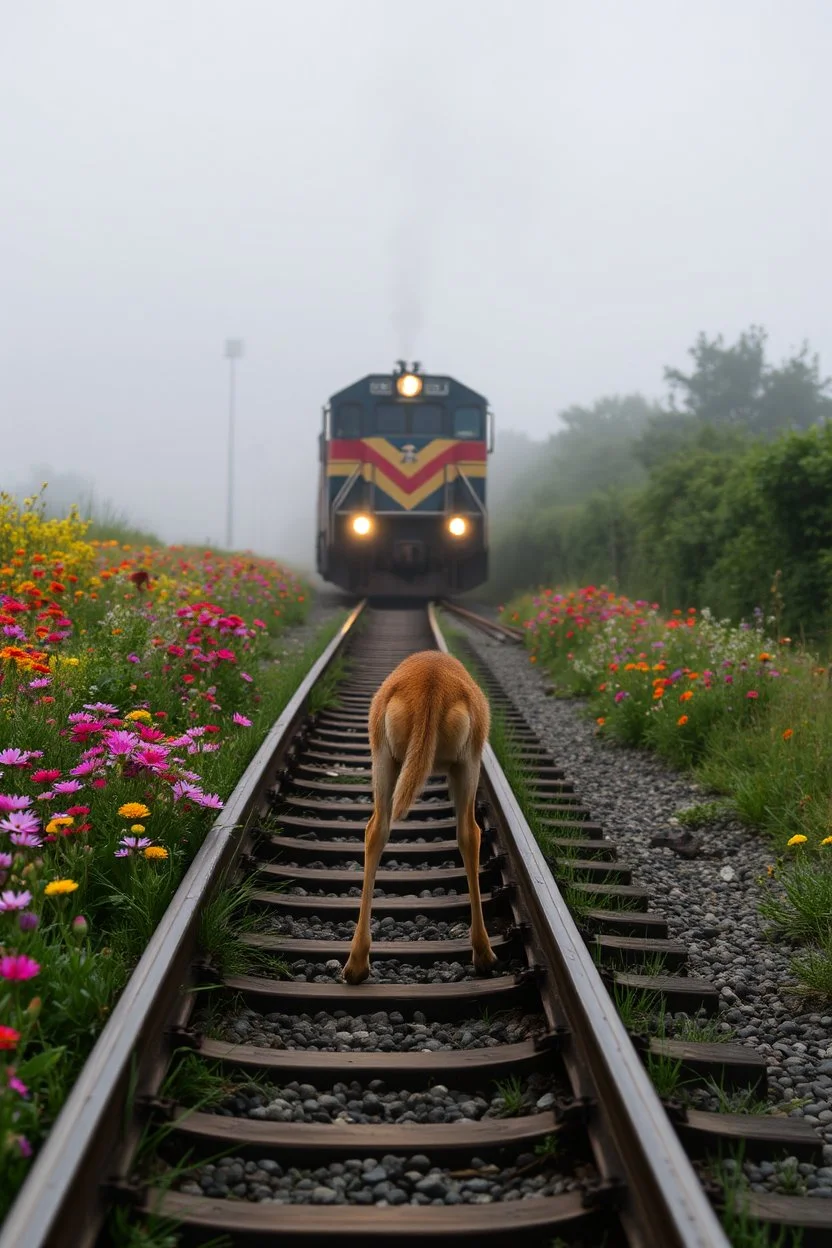 a train tracks in it a lot of colorful wild flowers , a train shows is coming forward , foggy, cloudy gray sky, and thunders , a dear legs sticks in the train tracks and can not move