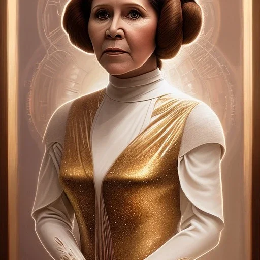 hyperspace background, complete and photo realistic detailed head to waist stunning photo realistic portrait of carrie fisher as Princess Leia in star wars with photo realistic updo hair by Mandy Jurgens and mucha and Richard Schmid and chuck close and chie yoshii, extraordinary and detailed ceremony dress of star wars,brown eyes