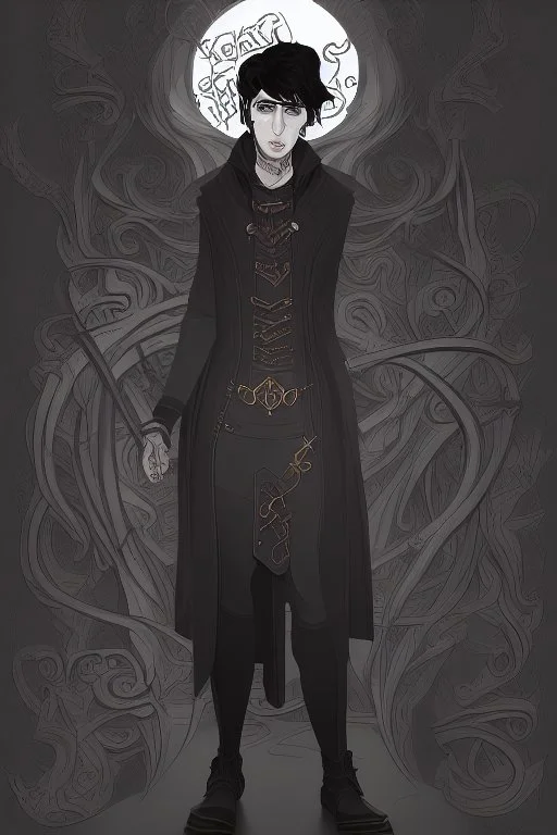 black haired young man necromancer wizard with gothic jewelry and tentacle fingers in the style of Aubrey Beardsley