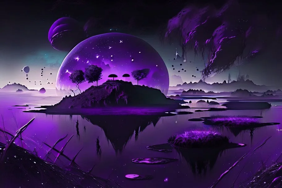 Floating Islands, Dark Purple and Black Night Sky, Stars, Space, Distant Alien Planets, Numerious Islands, Dead Grass, Dense Purple Fog