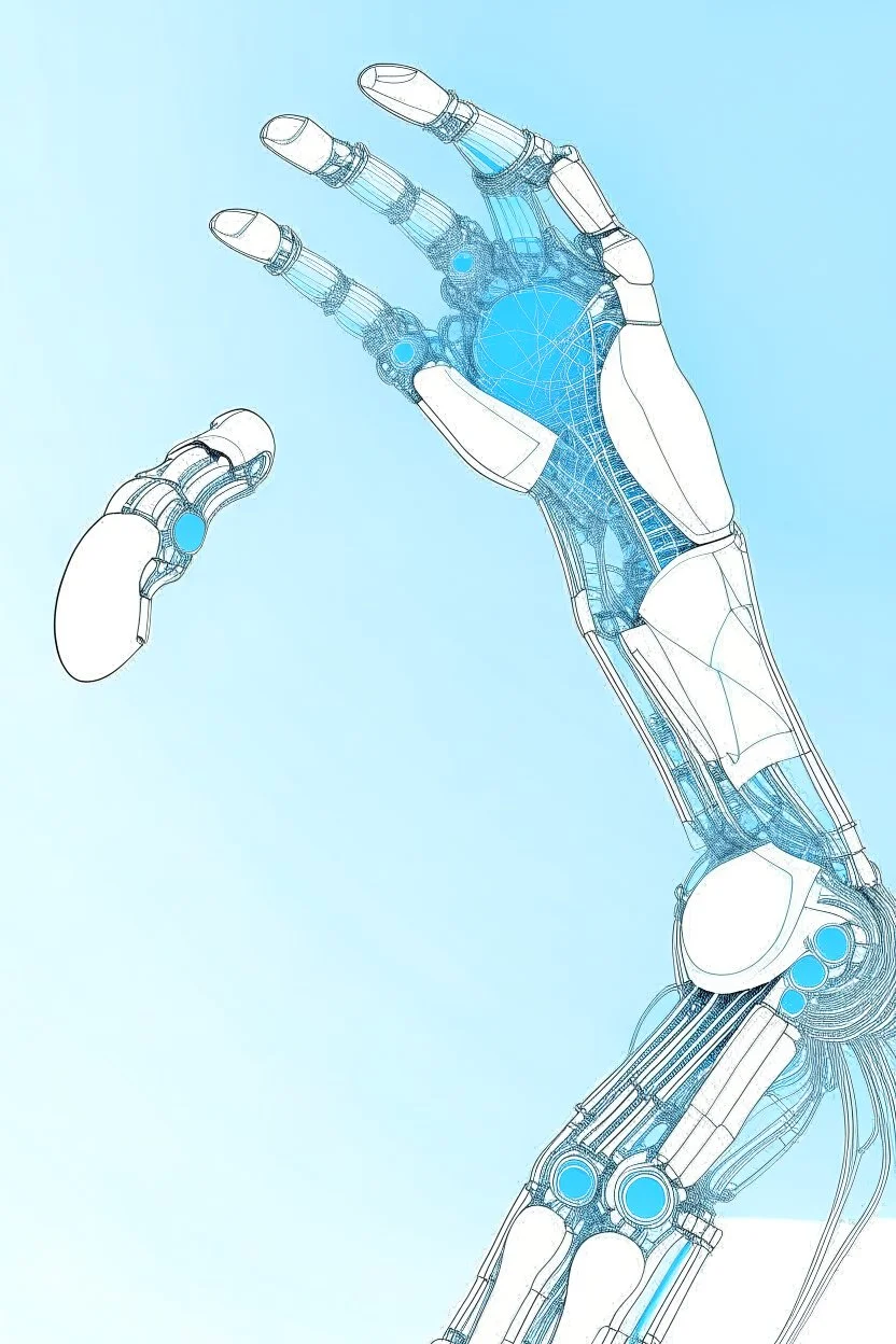 Draw mechanical arm with slender flexible structure and flexible joint drawing scientific papers. The three-dimensional structure in the figure needs to be filled with color, and the background uses the light blue sky composition.