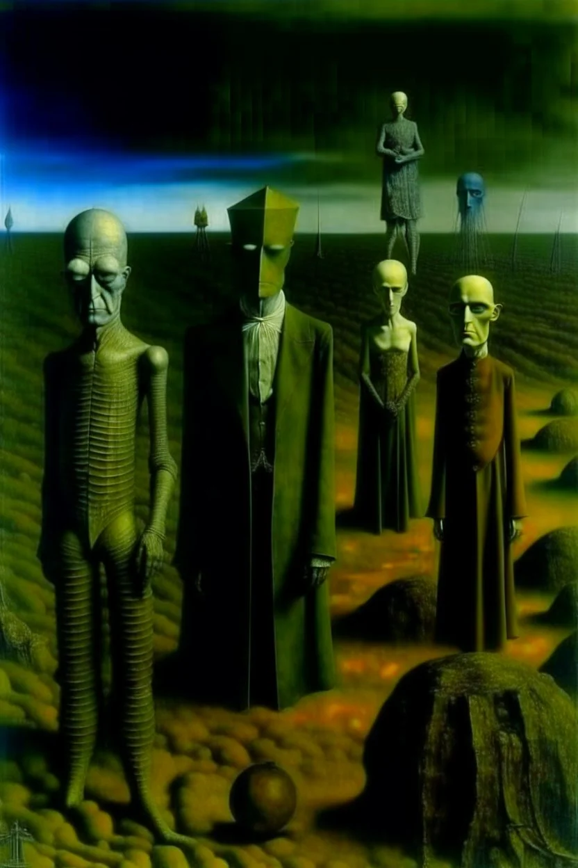 Foto di persone perse in un wasteland, macabro, Max Ernst vision