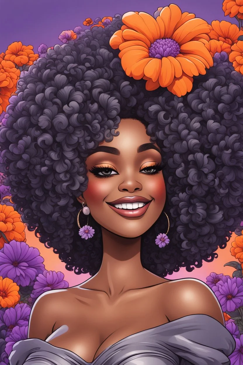 Create an psychedelic cartoon image of a curvy black female wearing a grey off the shoulder blouse and she is looking down with Prominent makeup. she smiles with platinum cap on one tooth . Highly detailed tightly curly black afro. Background of large orange and purple flowers surrounding her