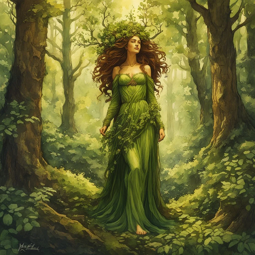 create an oil and watercolor full body portrait of a forest dryad enchantress , with highly detailed, sharply lined facial features, in the deep forest of Brokilon , finely inked, in rustic colors, 4k in the style of Maxfield Parrish