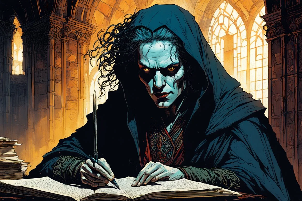 create an ancient Lasombra vampire woman, studying an arcane manuscript in a ruined Medieval scriptorium , in the graphic novel style of Bill Sienkiewicz and Jean Giraud Moebius, highly detailed facial features, grainy, gritty textures, dark and foreboding, otherworldly and ethereal