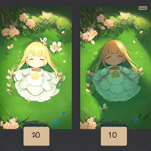 tiny anime girl sleeping in the distance, laying down in a field of flowers, underneath a willow tree, with a butterfly on her nose, hand detail looks human.zoom out. zoom out