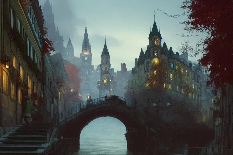 Quebec city+Livorno canal+tree on bridges+corner building on hill++Gothic city+BioShock+Dishonored+Bloodborne +trieste+Edinburgh+Chicago+victorian London+decòpunk Skyscraper+ +steampunk+biopunk+alphonse mucha, greg rutkowski,matte painting, cryengine, hyper detailed, felix kelly, fantasy art, seb mckinnon