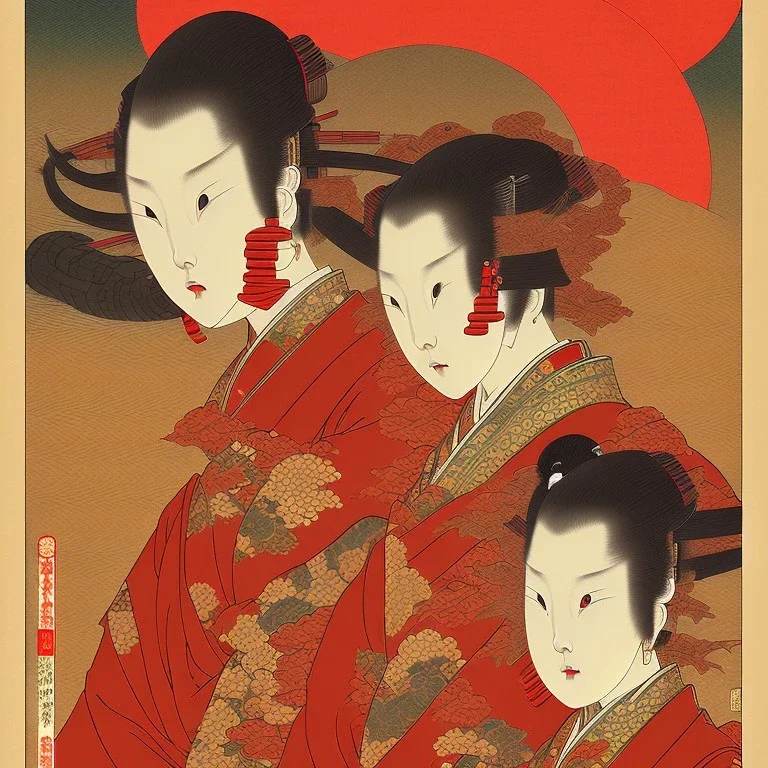 Ukiyo-e, samuri, red sun, highly detailed