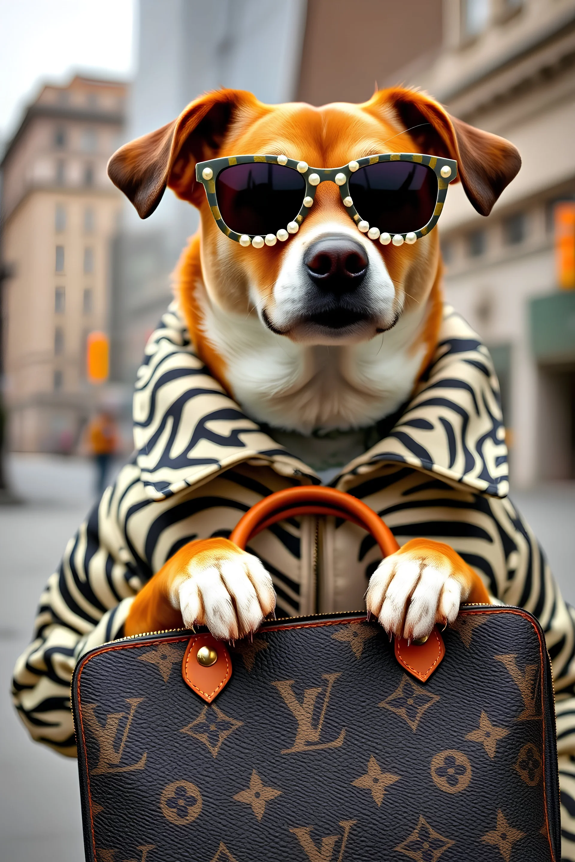 zebra desenli ceket giyen köpek elinde louis vuitton çanta inci gözlüklü arka fonda şehir