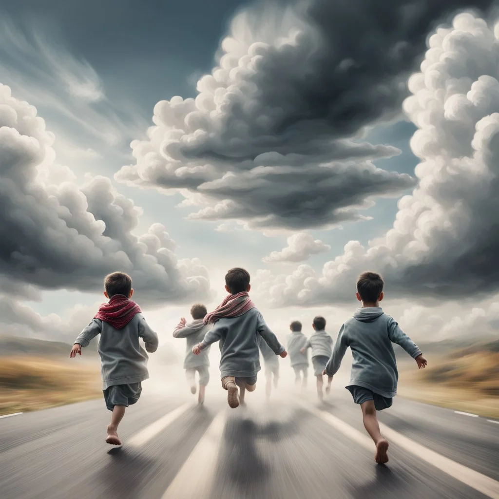 Hyper Realistic Top Back View Of Lots Of Children (Male Female Both Children Wearing Keffiyeh Fabric Whirling) Happily Running On Cloudy Road Towards Heaven On Sky With White Clouds Around ThemAt Cloudy-Day Environment Showing Dramatic & Cinematic Ambiance.