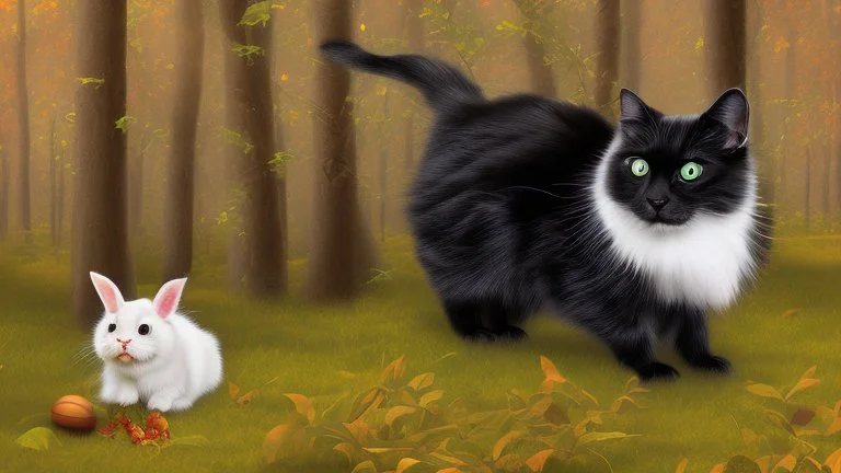 A black cat staring a white rabbit in the forest.