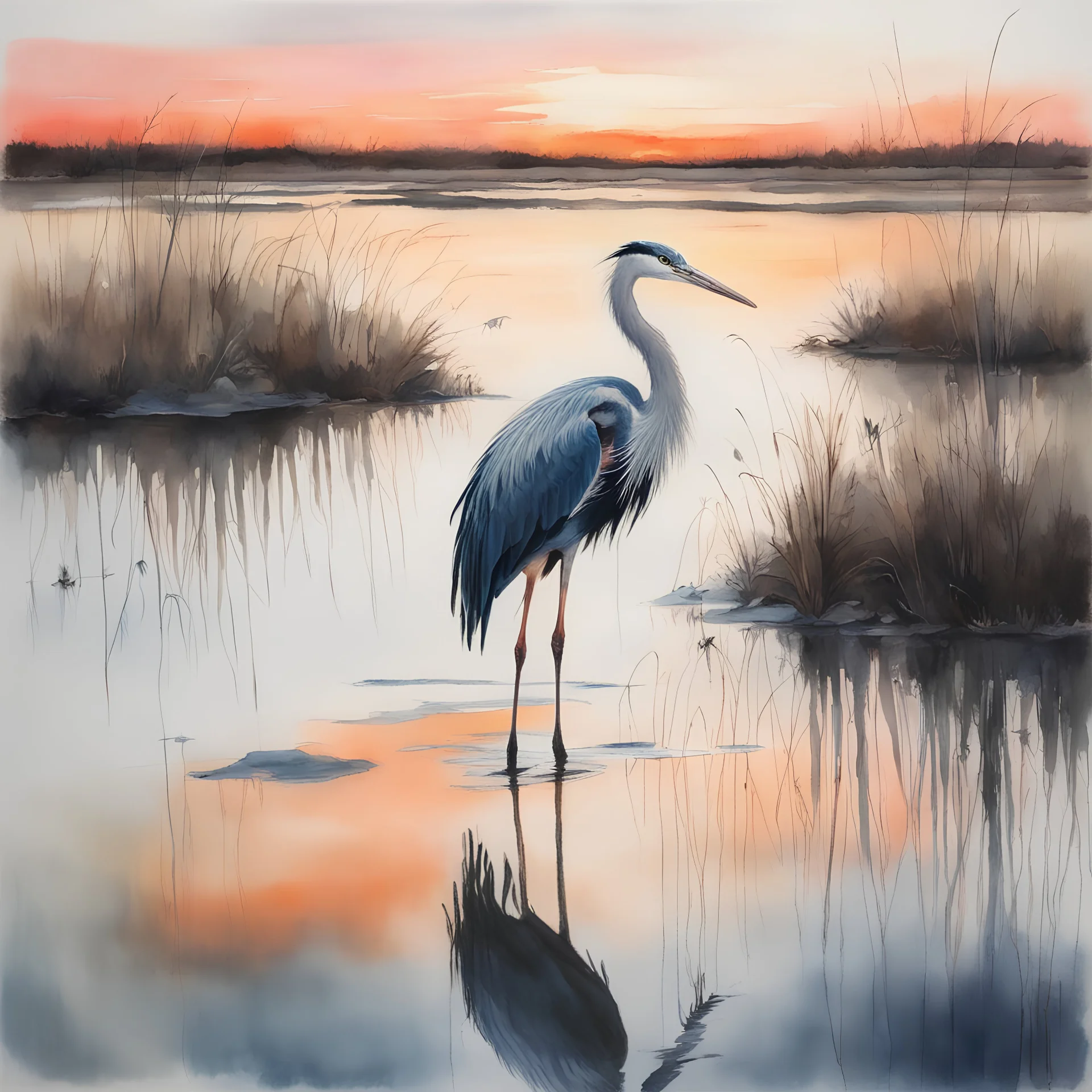 long-legged heron wading in a marsh's tidal pool, pastel duotone colors, loose brush stroke watercolor, sunset, reflective, wet sponge, diffusion paint drip, dramatic, by Lisbeth Zweger