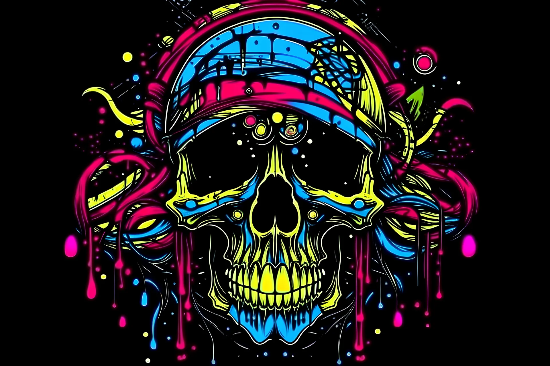 scary pirate skull with worms coming out of the eyes synth wave color splashes, illustration, black background, drippy style