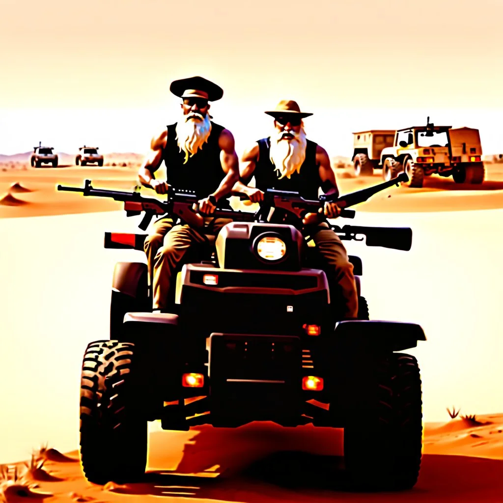 make a picture of 3 poor looking black men in a desert. they are in afghanistan. behind them is a raided village they are holding rifles. they look very very dangerous and have long white beards. they have ak47 rifles. They are sitting on an atv driving to the right