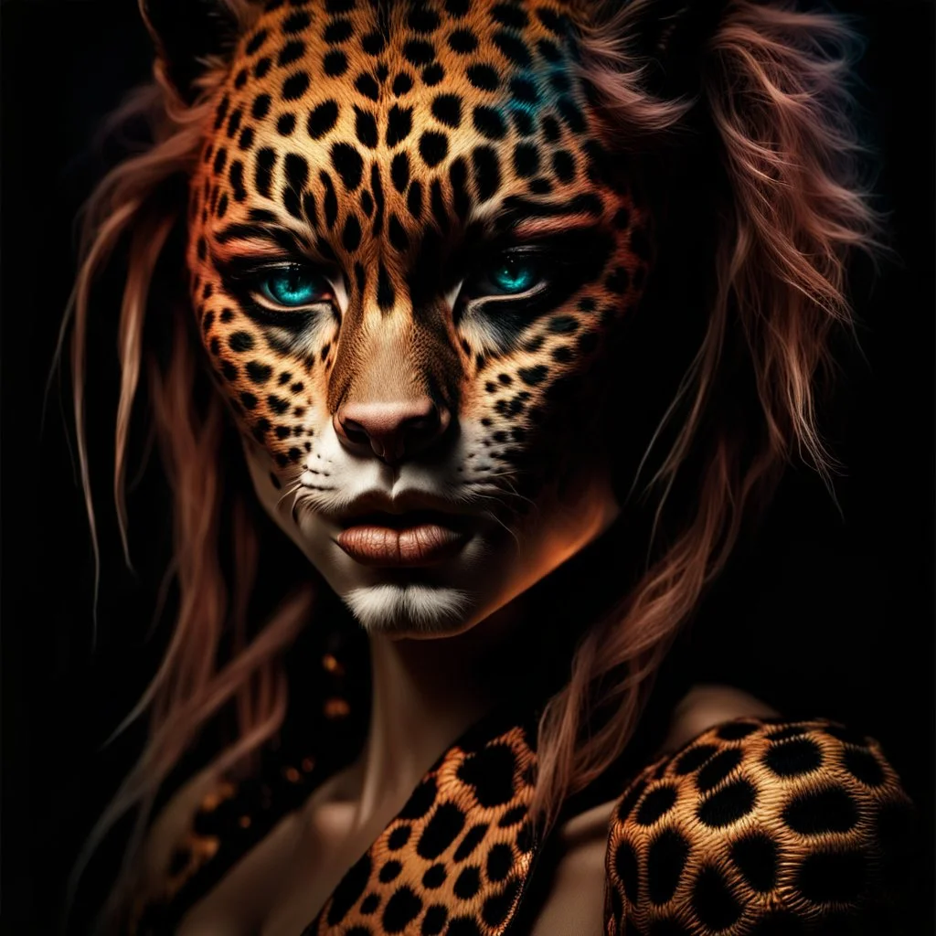 candy leopard, portrayed with the intricate facial features and extremely detailed pupils characteristic of Stefan Gesell's style, blended with the elongated forms and dramatic chiaroscuro reminiscent of El Greco, conveyed through a light painting technique with push processing, incorporating holographic elements for a dreamy, vibrant effect, soft skin texture, clarity achieved, supporting a perfect composition, cinematic atmosphere, delicate detail