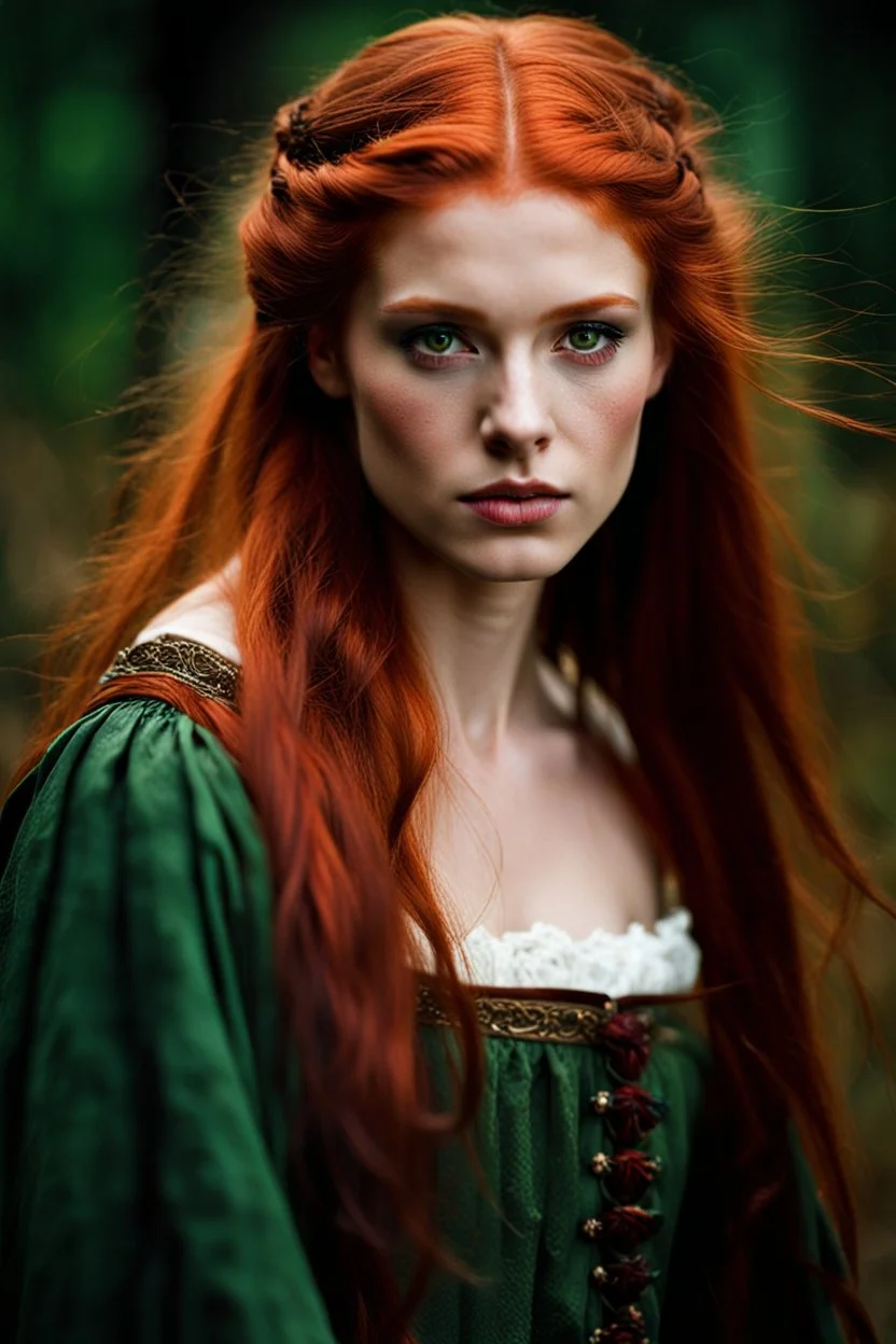 Portrait of a young peasant girl aged 18, forward facing. long red hair and green eyes. dark fantasy.