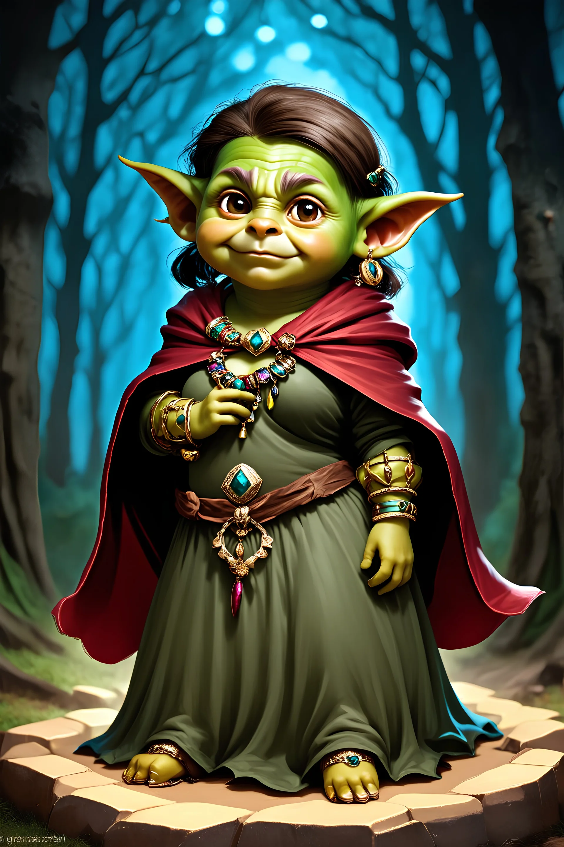 fantasy cute chubby female goblin wearing cloak and lots of jewelry