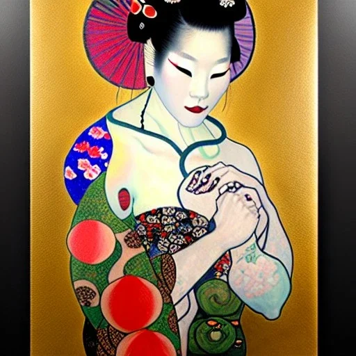 dibujo al oleo de cuerpo entero de una Geisha bella con tatuajes arbol sakura estilo Gustav Klimt